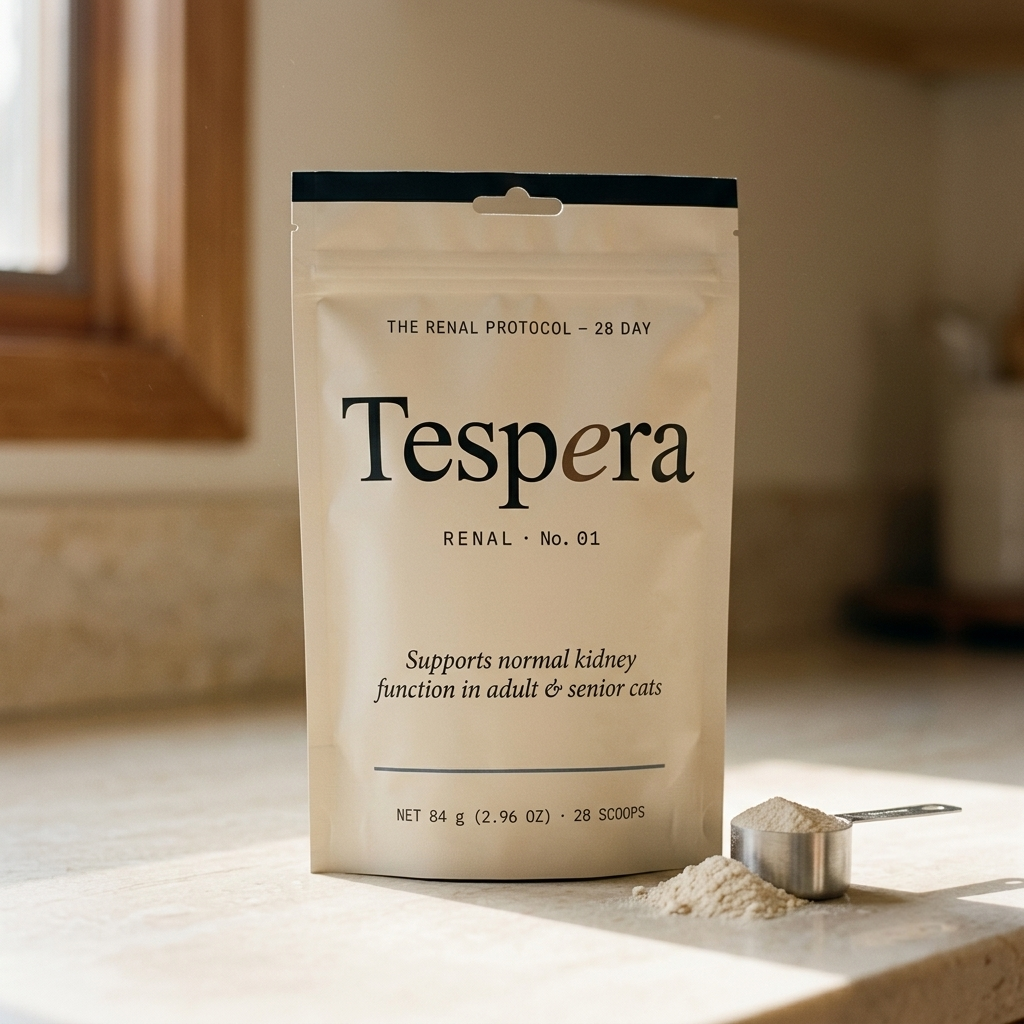 Tespera Renal Protocol pouch on a kitchen counter in morning light, with a stainless measuring scoop of powder